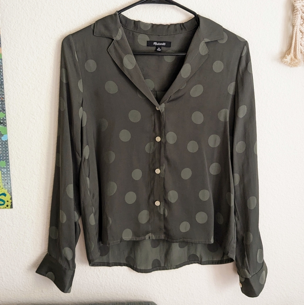 Madewell Green Jacquard Dot Button Up Shirt Blouse Sz XS